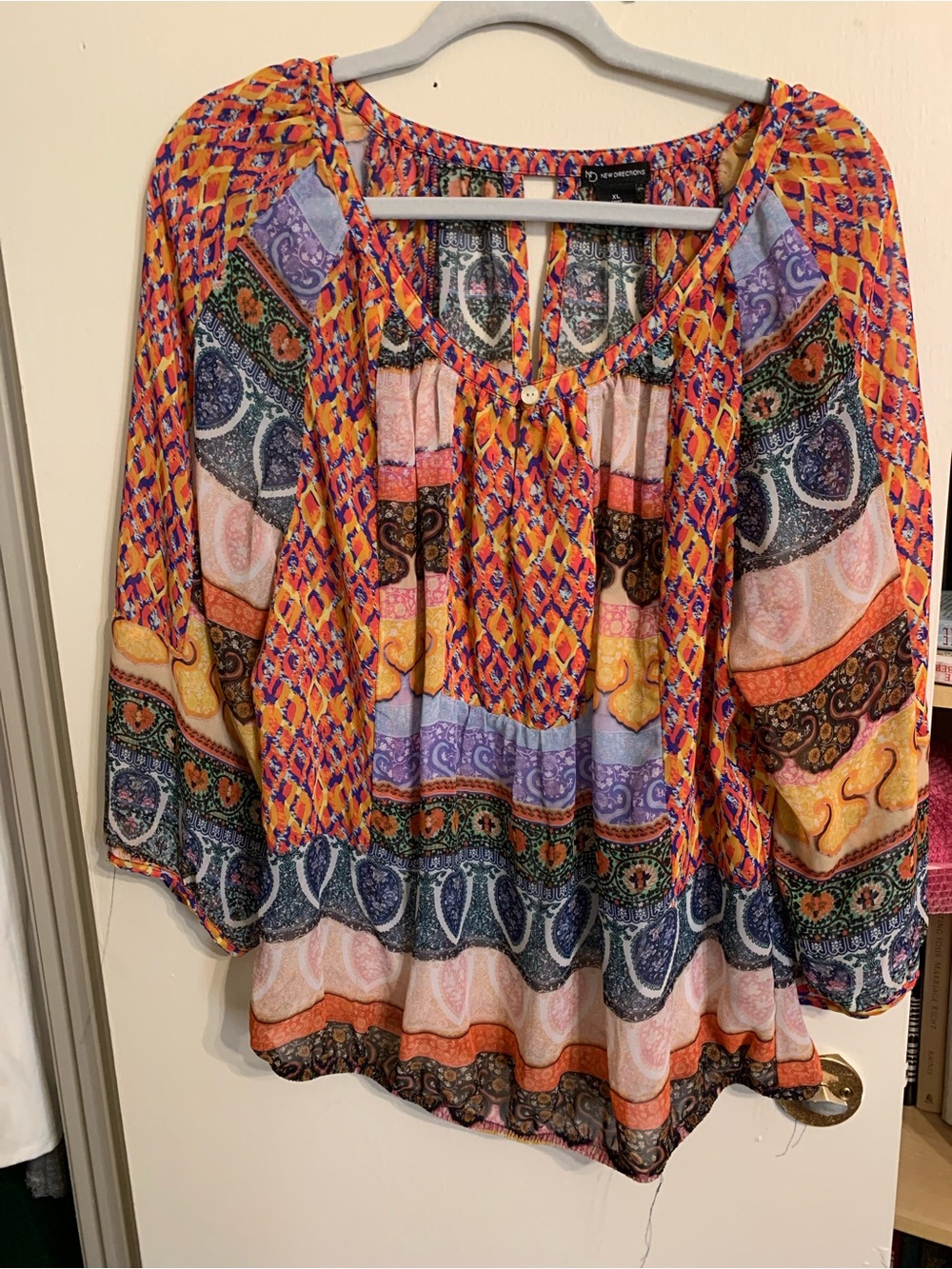 new directions Multicolor Boho Patchwork Blouse - Orange, Purple, Pink, Yellow